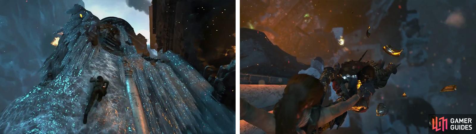 Climb to the very top of the area (left) and shoot the Deathless soldier during the scene to continue (right).
