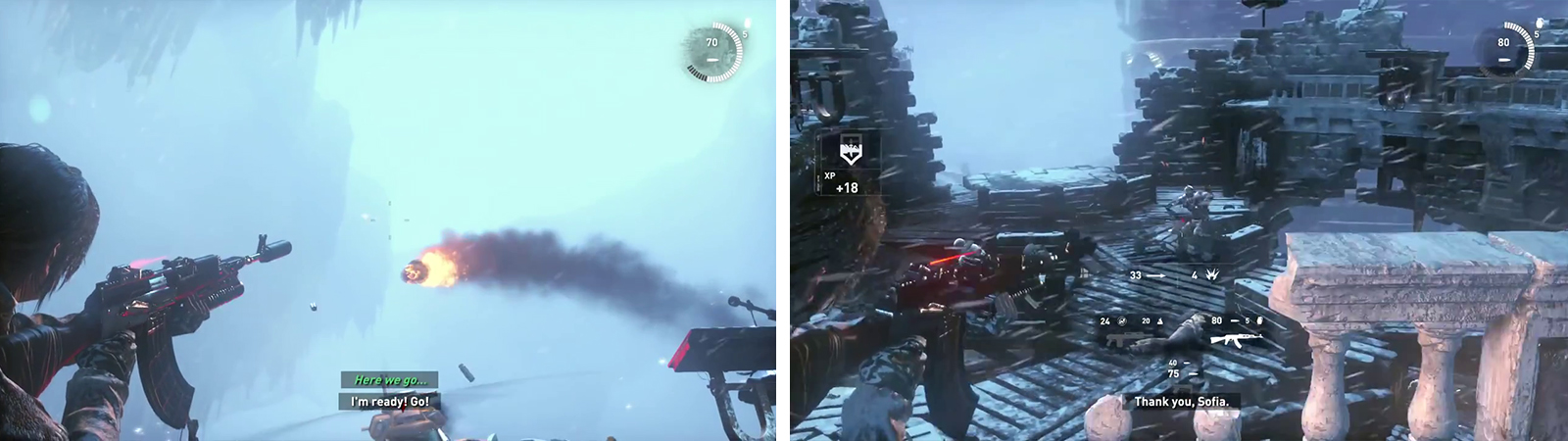 Signal trebuchet fire and shoot the projectile (left) to damage the helicopter. Use the raised areas on the sides of the area to get a vantage point over enemies (right).