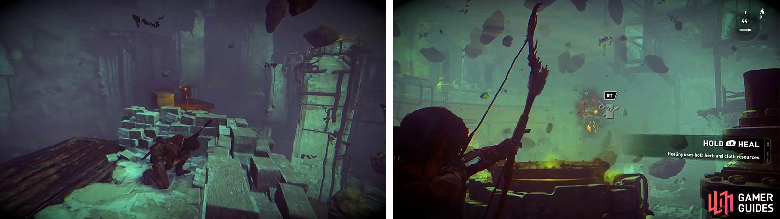 Use the floating platforms to reach the next vat platform (left). Use the Rope Arrows and the vat to once again damage the witch (right).