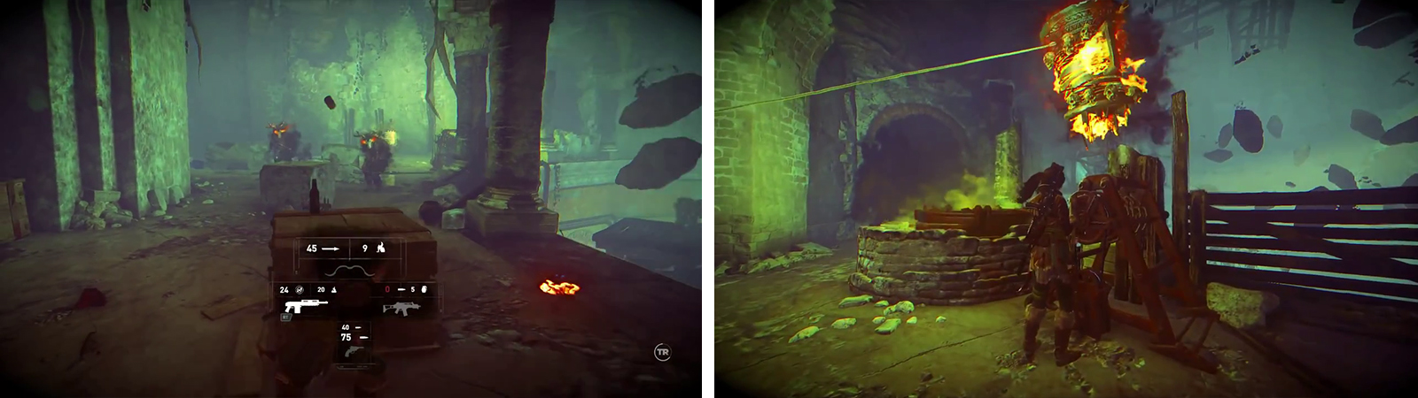 Fight through the last wave of enemies (left) before damaging the with using an explosive vat one last time (right).