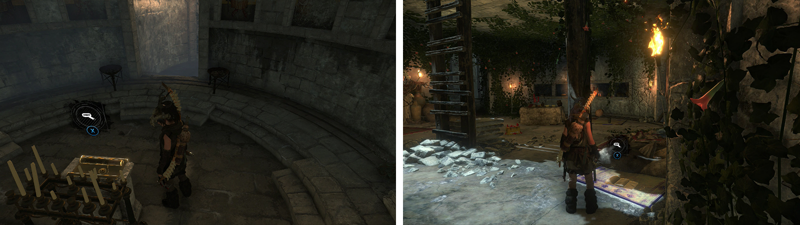 Document 15 is in a side tunnel accessible from the water (left). Document 16 (right) and Relic 01 are inside the temple in the room with the ladder.