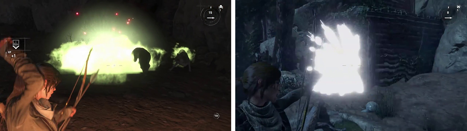 Poison Arrows will create a gas cloud (left). Grenade Arrows can be uset to break down barriers (right).