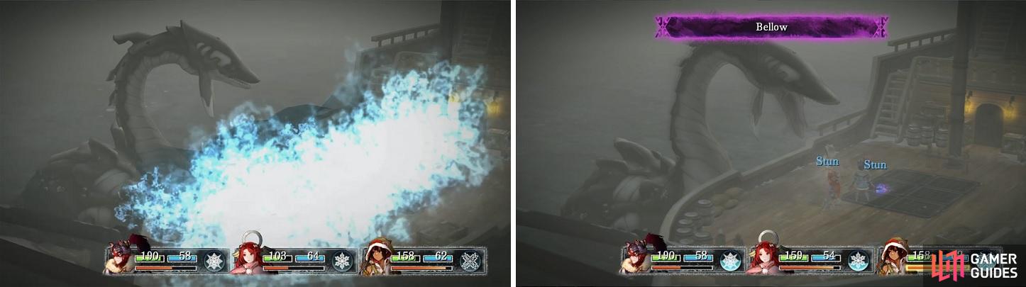 The boss will always open the battle with Tsunami (left). Bellow can stun characters, draining them of their ATB gauge (right).