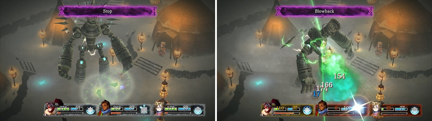 Stop becomes annoying in the latter half of the fight (left). Heal up before defeating it to avoid characters dying to its death attack (right).
