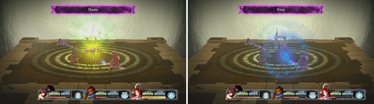 Time Judge using Haste (left) on herself and Slow/Stop (right) on your characters can make for a very bad time.