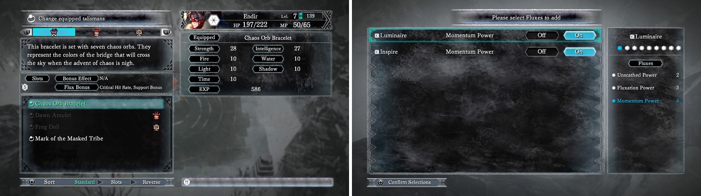 You need a Talisman with Flux Bonuses (left) in order to apply fluxes to Spritnite, which you wont know happened until after a battles end (right).