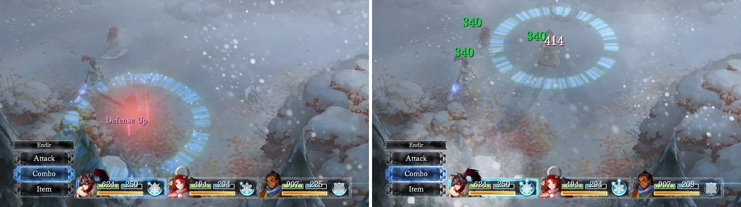 Momentum helps out Nidr a lot, such as adding defense with Provoke (left) and healing party members with Blunt Blow (right).