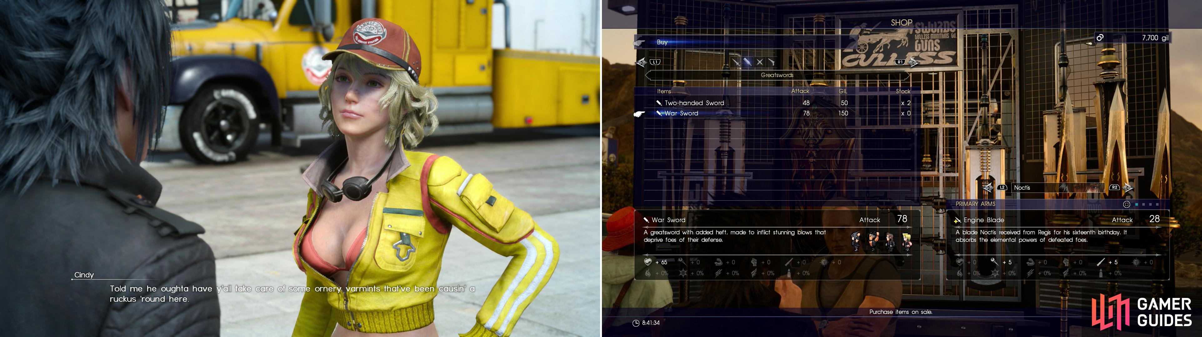 Cindy will give you some starting cash, and a bit of work to do while you wait (left). While you don't have much in the way of funds right now, buying a few weapon upgrades may be worth the Gil (right).