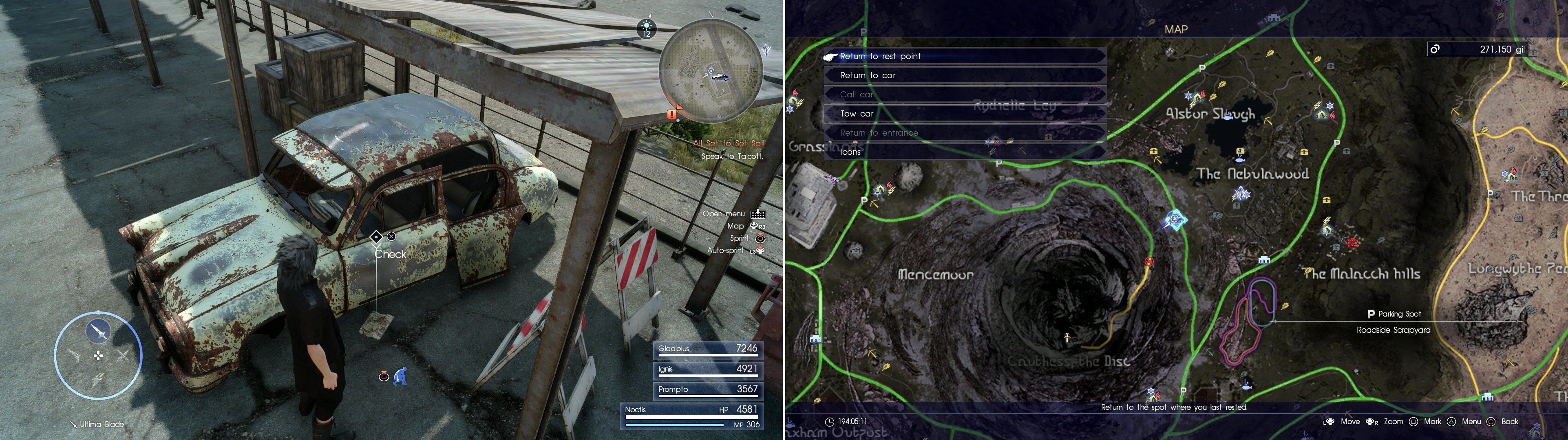 You'll find Mystery Map VI near a broke-down car (left) at the Roadside Scrapyard Parking Spot (right).