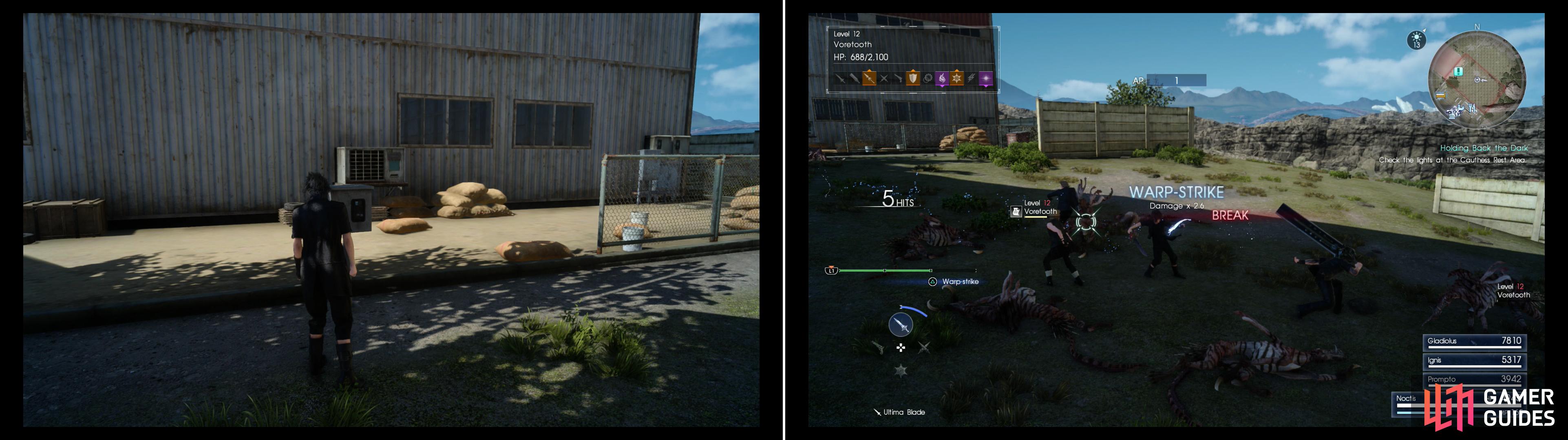 Go to each site and check to see if it's functioning properly (left), and at the Cauthess Rest Area you'll encounter a pack of Voretooths (right).