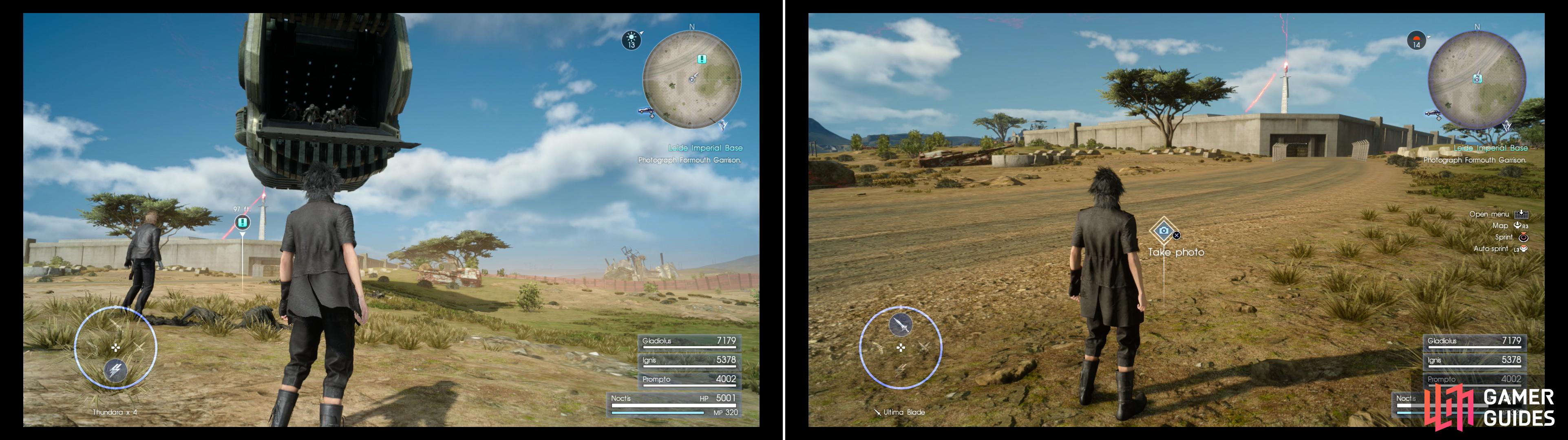 Expect to be pestered by imperial dropships as you go about trying to get your photos of their bases (left). Snap a photo of Formouth Garrison, near the Prairie Outpost (right).