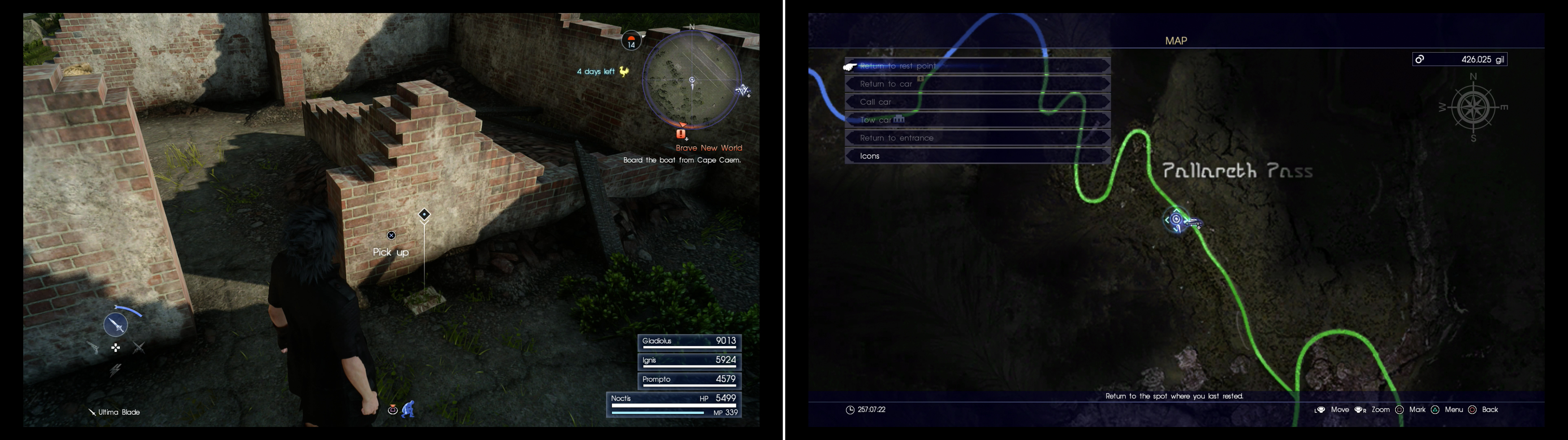 Search some ruins near Apline Stable Parking Spot to find Mystery Map XI (left) at the marked location on the map (right).