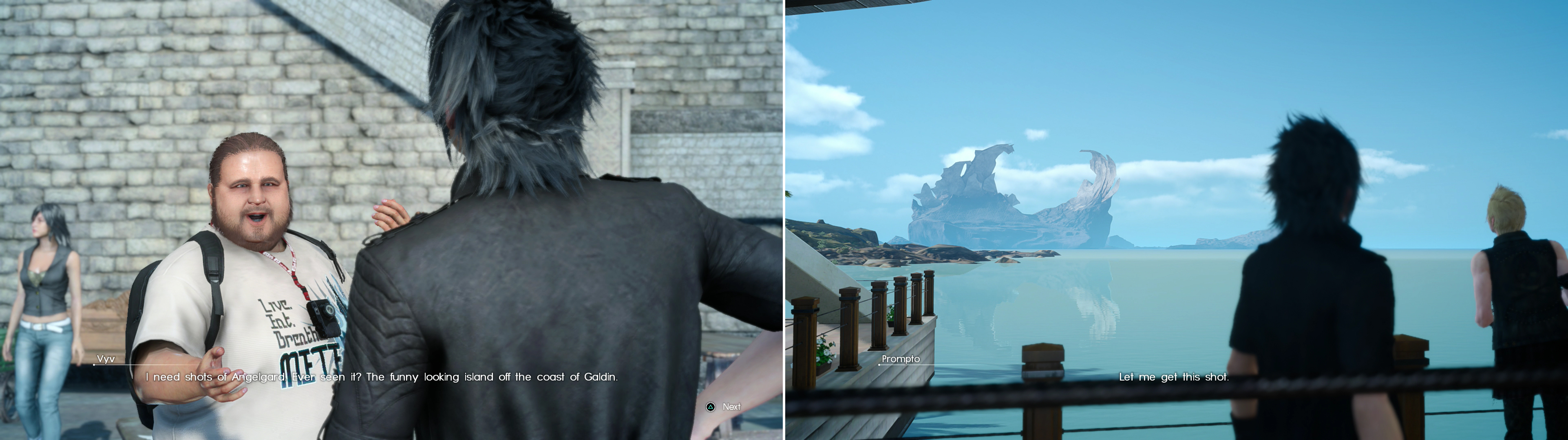 One of the landscapes Vyv wants you to take photos of is an island off the coast of Galdin Quay (left). Find one of the two photo spots in the Galdin Quay resort which provides a view Vyv will approve of (right).