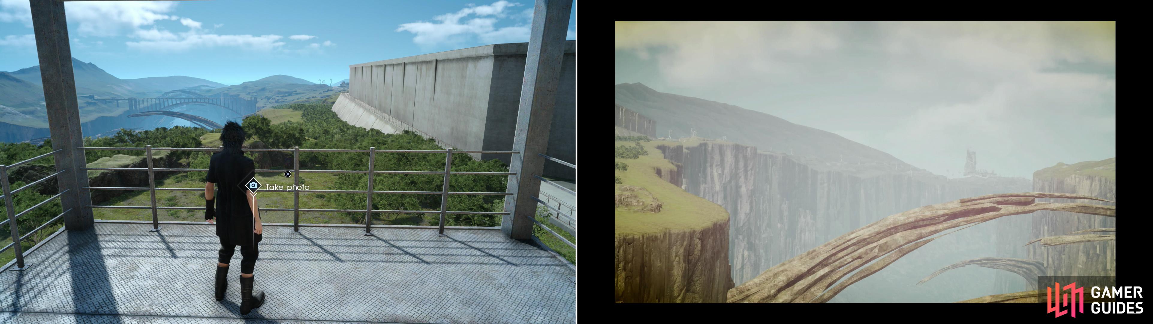 To get to one of the photo spots overlooking the Taelpar Crag you'll need scale a watch tower near an imperial fort (left), but it'll provide the sort of photo Vyv is after (right).