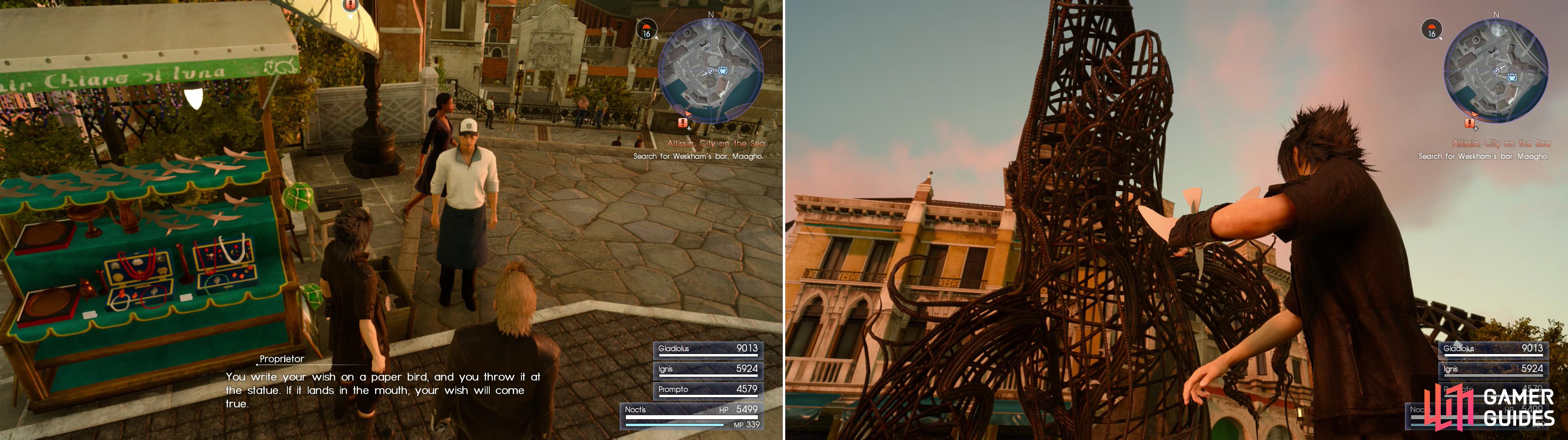 Visit the palace-front plaza to find new merchants (left) and indulge in a Altissian tradition (right).