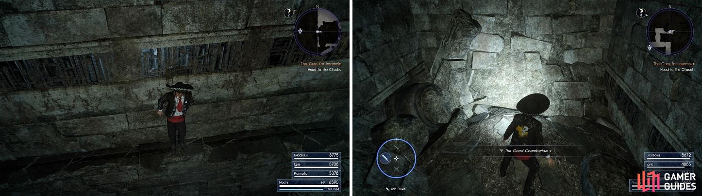 After sidling to get Thieves' Way II (left), drop down to find a door that houses The Good Chamberlain accessory (right) for Ignis.