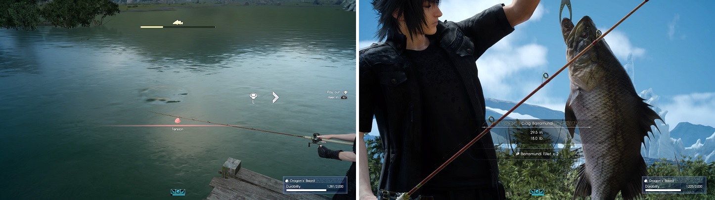 Tension is one of the most important aspects of fishing (left). With some Ascension abilities, you can get more items than normal from fishing (right).