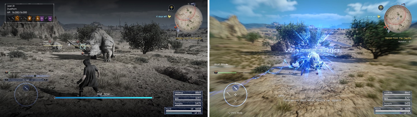 Wait Mode is an invaluable tool in battles (left). Use Warpstrikes to get in close to the enemy (right).