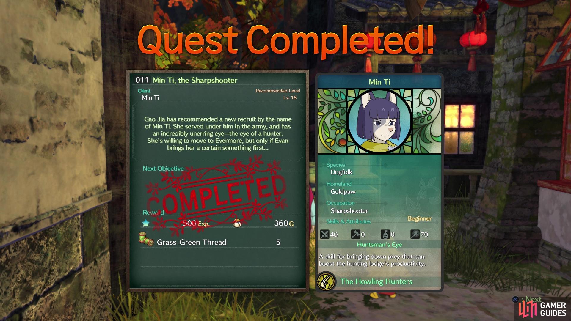 Finishing Min Ti's quest will reward you with Grass-Green Thread