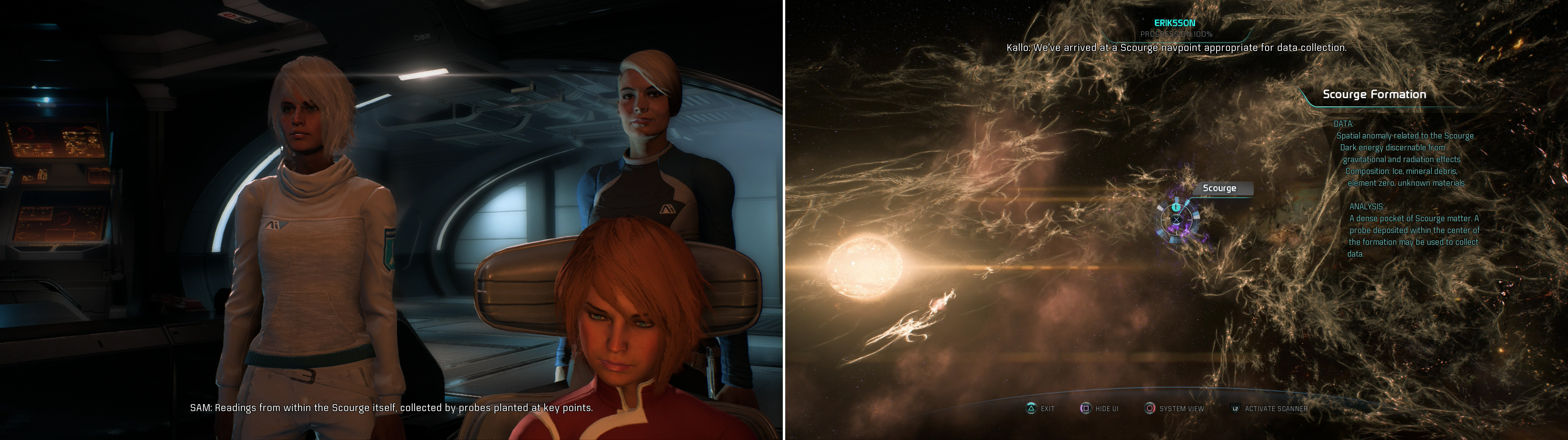 Discuss the next step with part of your crew (left) then set about putting their plan into action - probe the Scourge in three systems (right) to narrow down Meridian's location.