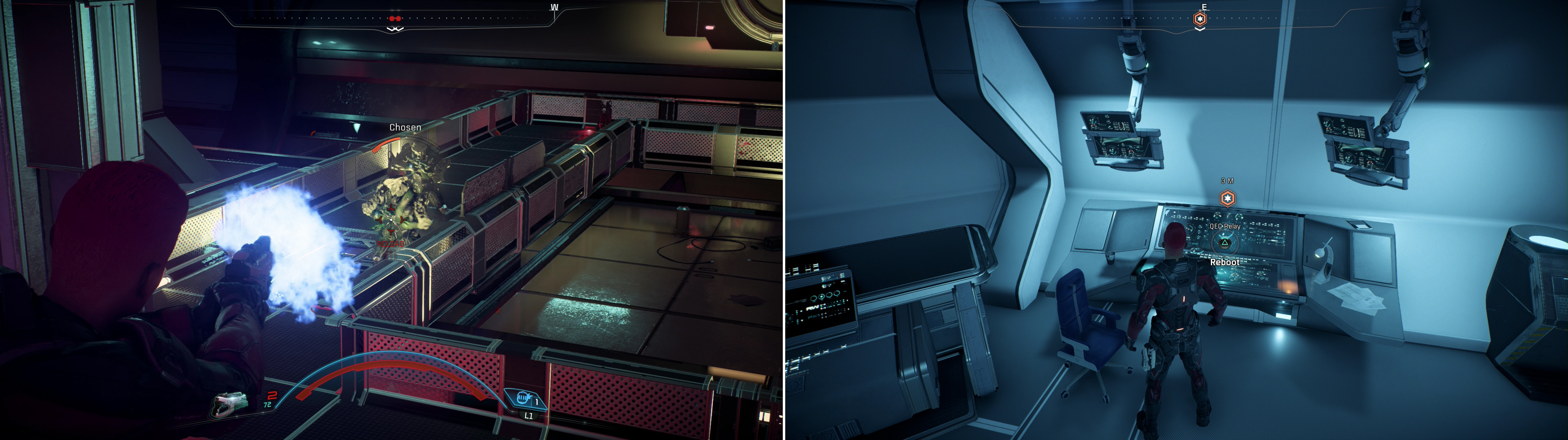 As your sibling, fight through the Kett on the Hyperion (left) then reactive the QEC Relay to save the Pathfinder (right).