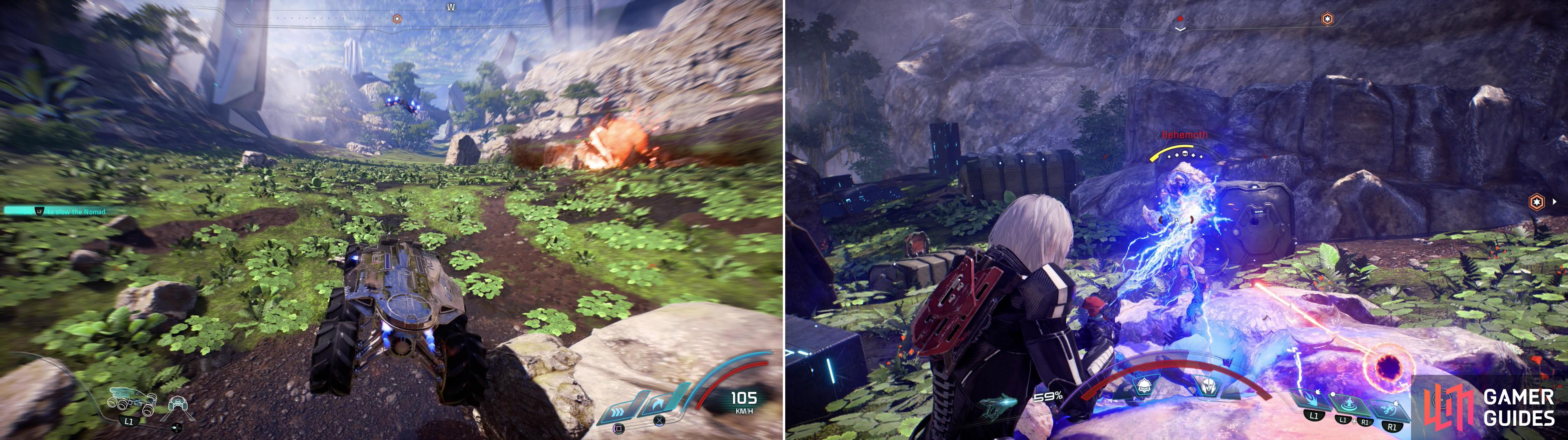 Race across the surface of Meridian on the Nomad (left). When your trusty steed fails you, fight your way through the Kett blocking your way (right).
