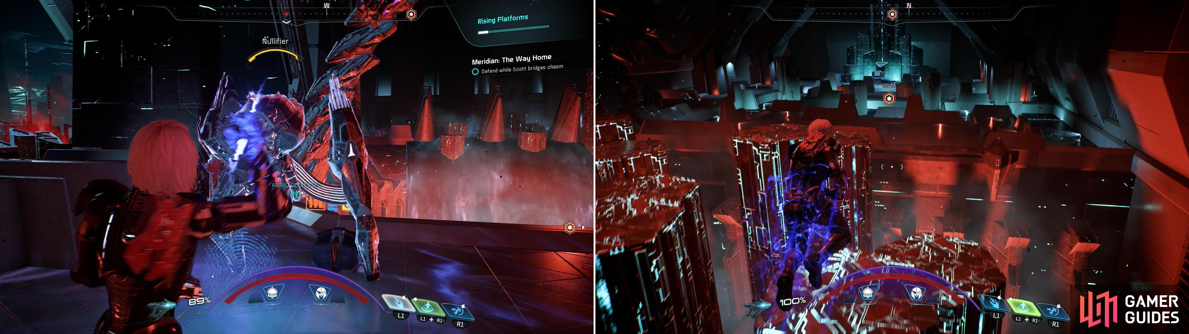 Destroy more Remnant while waiting for some platforms to deplay (left) then use the platforms to reach the next Power Relay (right).