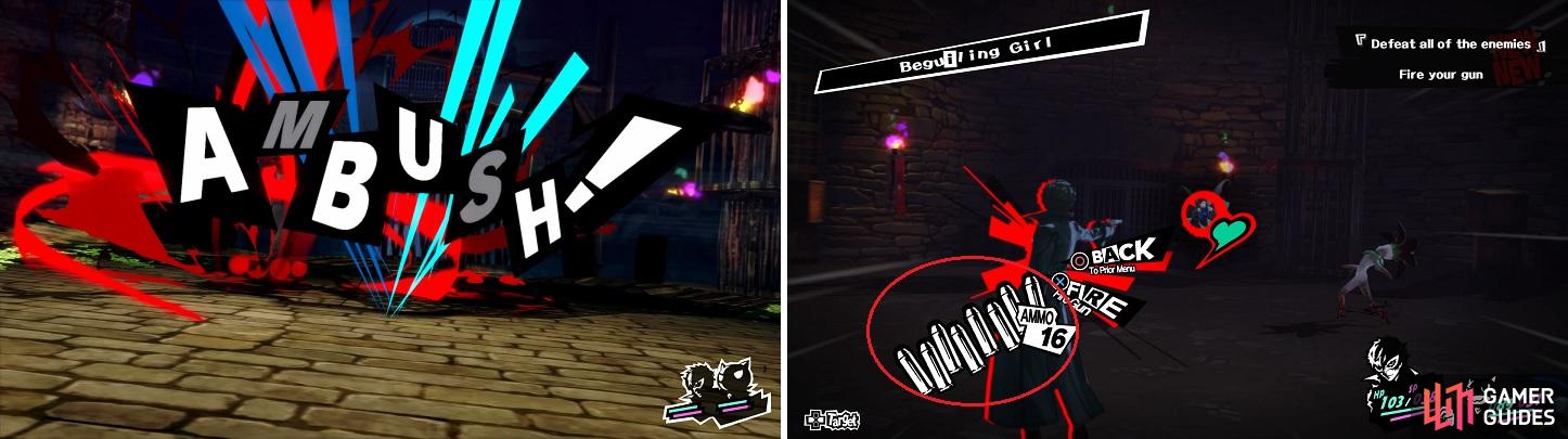 Ambush enemies to gain a full round before they start attacking (left). Your gun weapons have limited ammunition, so be careful not to spend it all in one encounter (right).