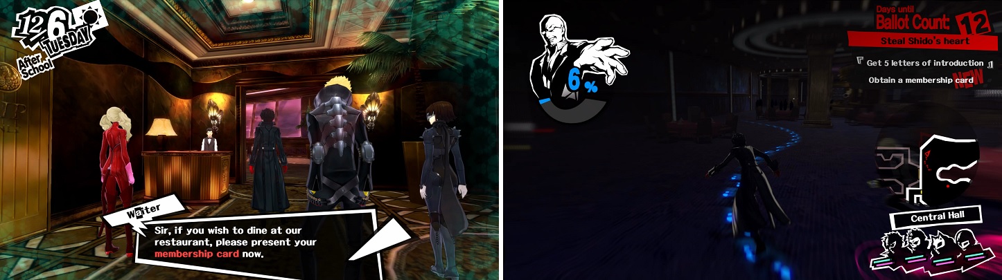 It appears you need a membership card to get into the restaurant (left). Follow the footprints with your Third Eye to get to the lost card (right).