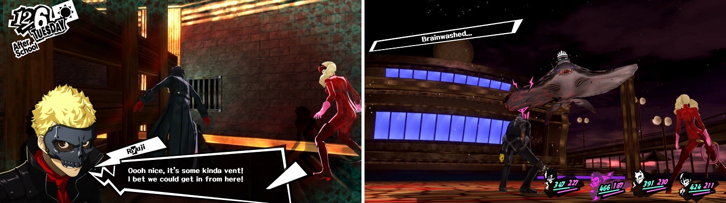 The vent that leads into the changing room (left). The Former Noble is able to brainwash your characters, so have someone that can heal it (right).