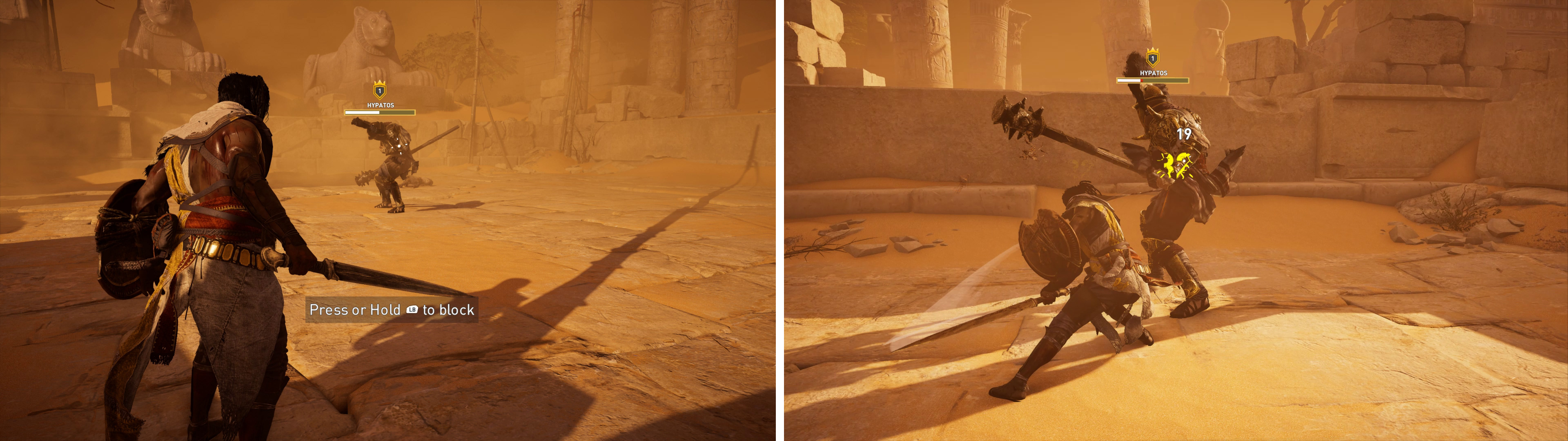 Block his slow attacks (left) and then proceed to counter with your own sword swings (right).