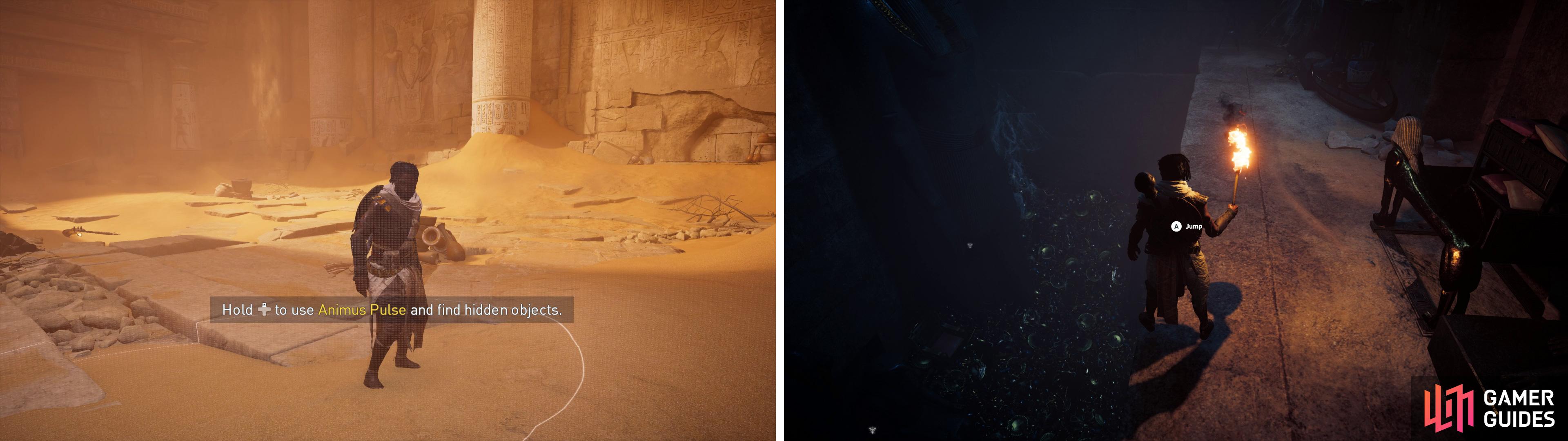The Animus Pulse (left) is especially useful for hunting treasure (right) and hidden objects.