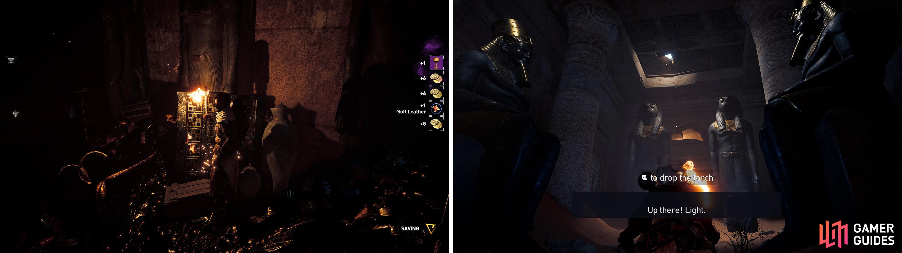 Trinkets are denoted by a purple border (left) and can be sold to merchants. To get out of the tomb, look for the light above the statues (right) then climb them.