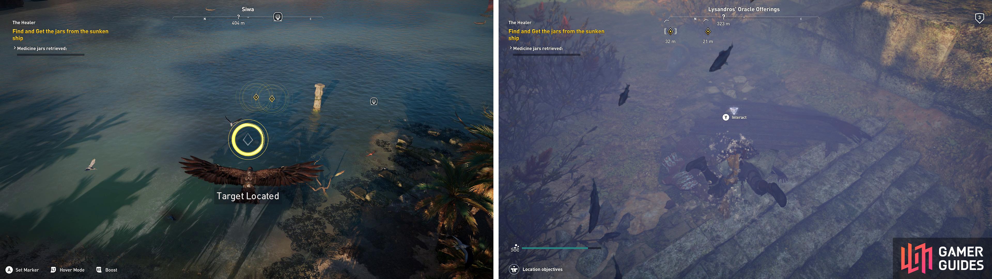 Use Senu to spot the medicine from the air (left) and then dive down to retrieve it (right). Be mindful of your breath meter too!