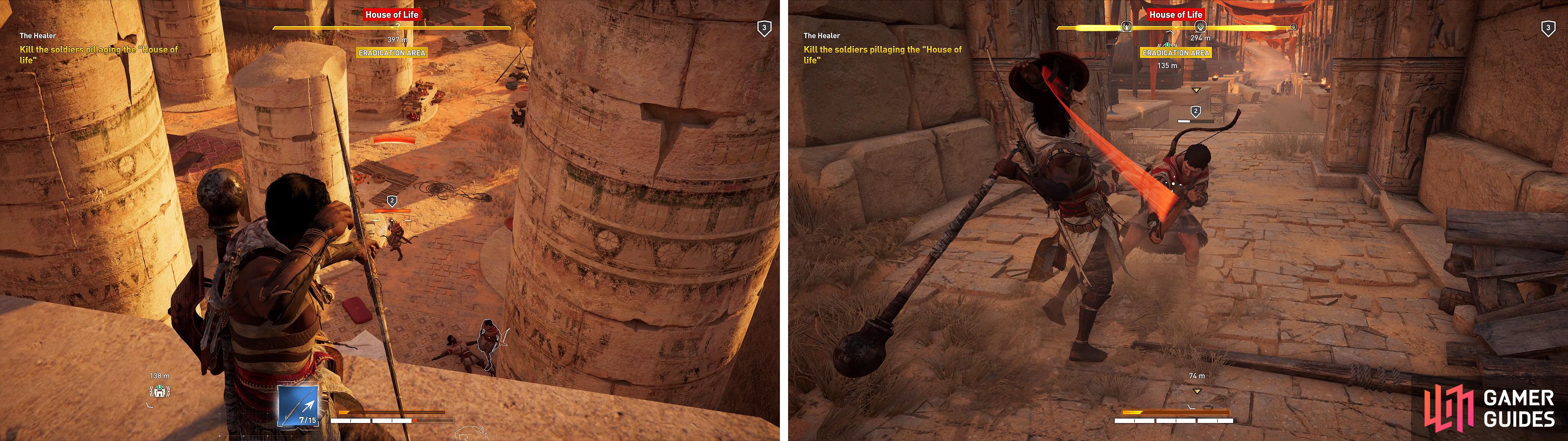 You can snipe many of the enemies from the roof with your bow (left) or you can run in all guns blazing (right).