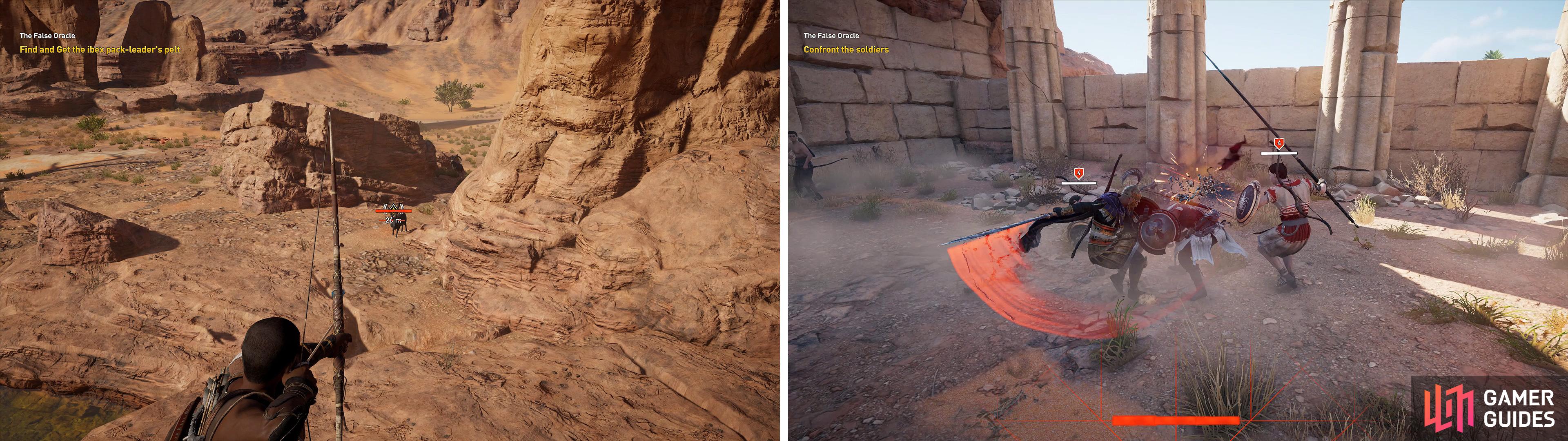 You can stand on this pillar to kill the Ibis (left). After the scenes, Bayek will try to fight but you cannot win (right).