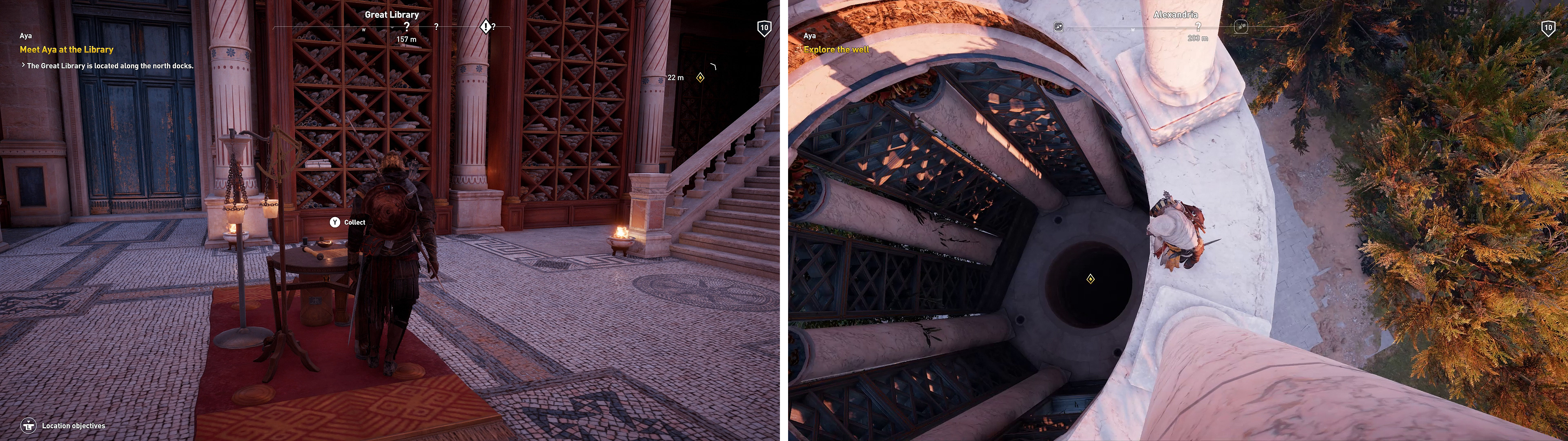 You can find the Papyrus Scroll on a table at the center of the library (left). To find Aya, climb to the top of the vine covered tower (right) and jump in.