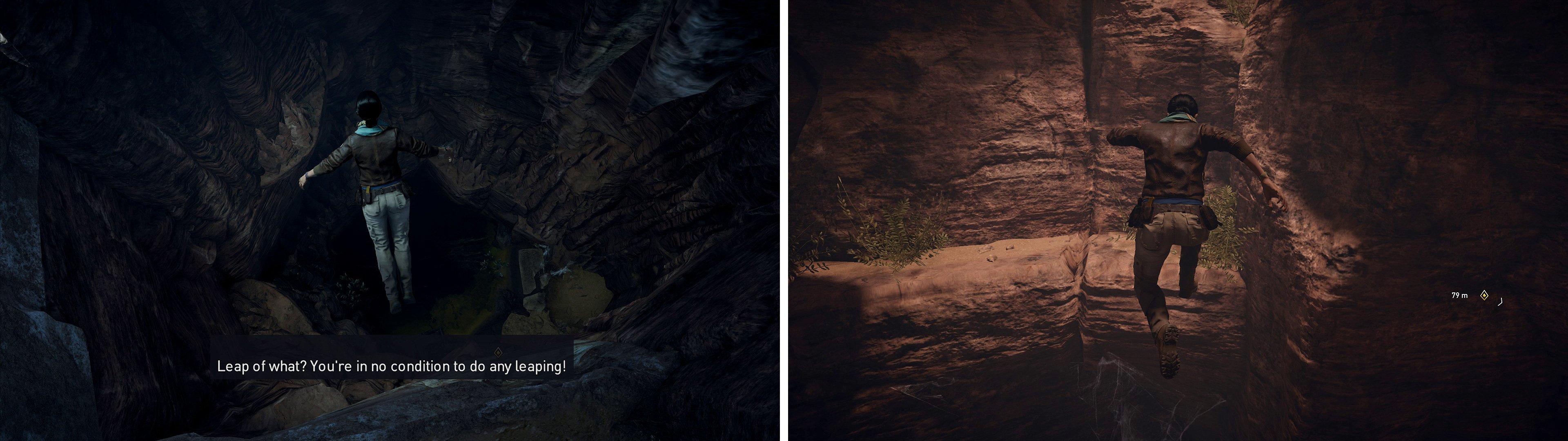 Layla decides to copy her ancestor. Climb out of the cave to get back to the Animus.