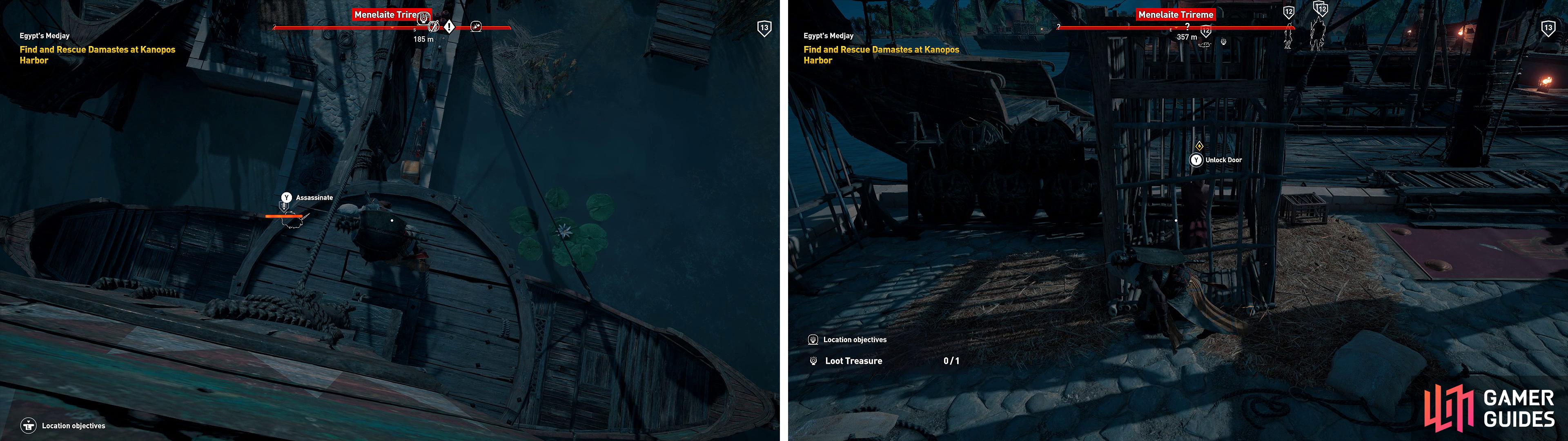 Use the masts of the ships to take out any soldiers (left) and survey the docks. Once done, unlock the cage for Damastes (right).