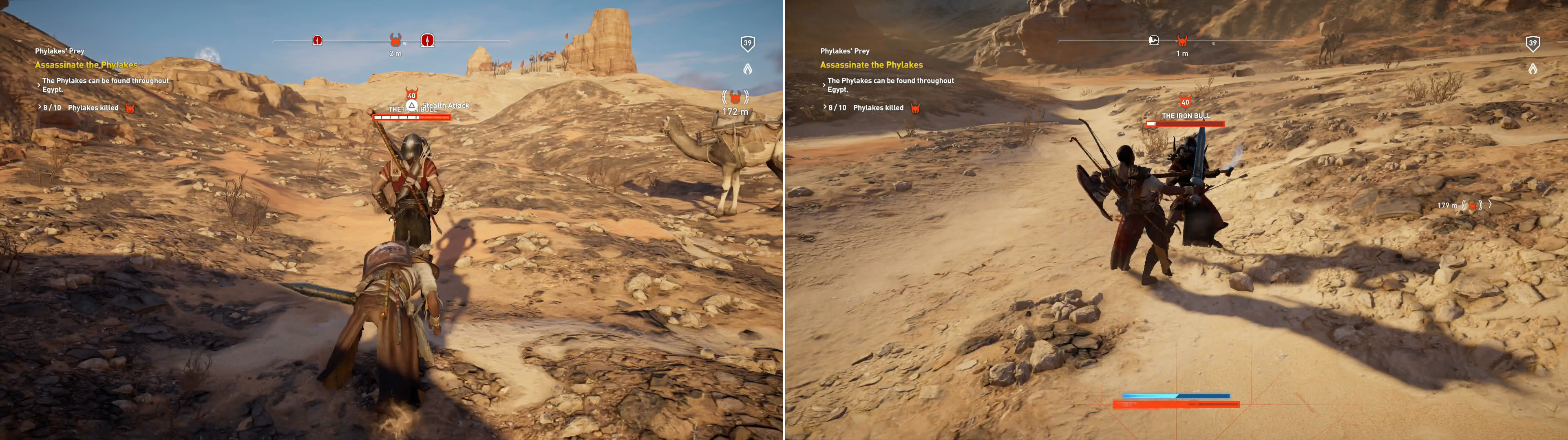 Sneak up on your prey - the massive damage to start out the fight will help (left). The Iron Bull's reach and attack speed makes him a dangerous foe in melee combat (right).