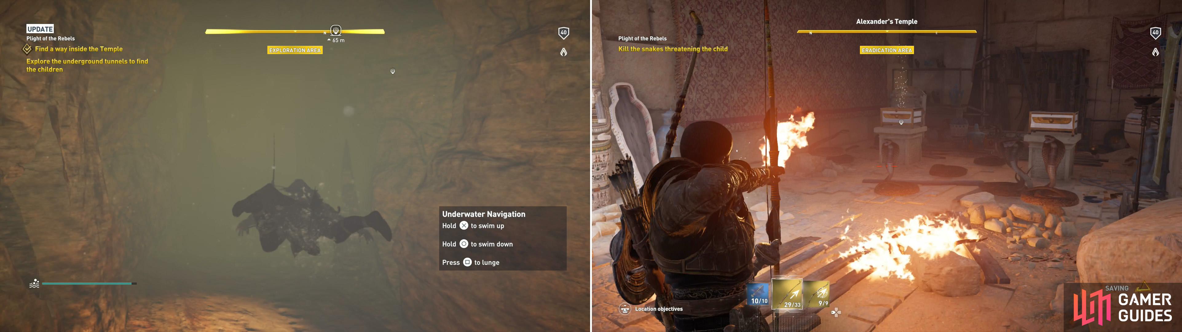 Swim through a submerged tunnel (left) then kill the cobras in Alexander's Temple (right).