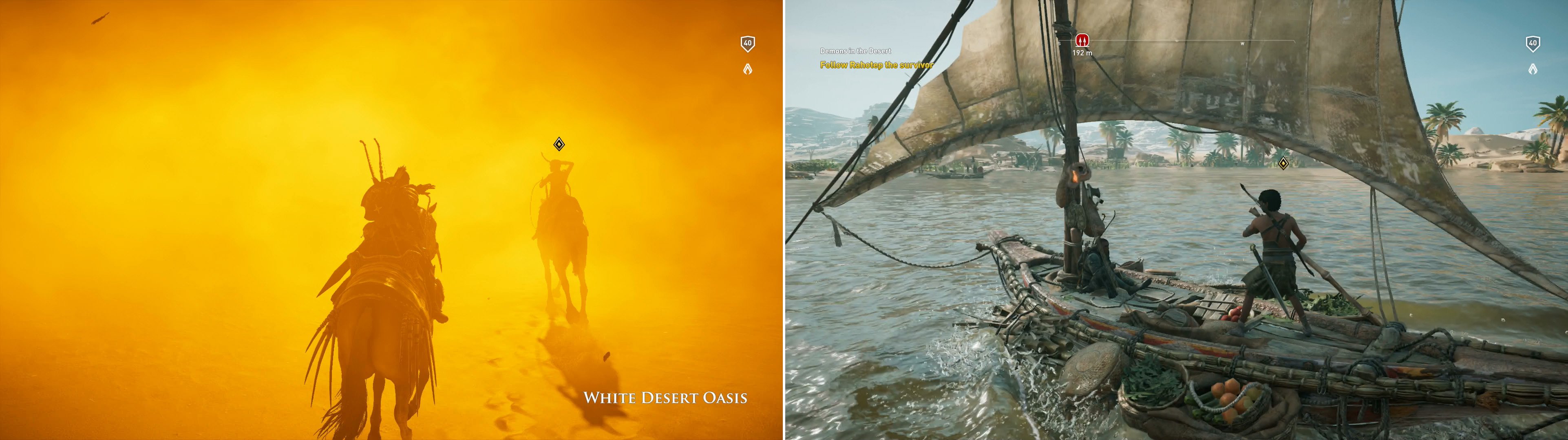 Follow the determined bow into a sand storm (left) then ride along as he pilots a ship across a lake (right).