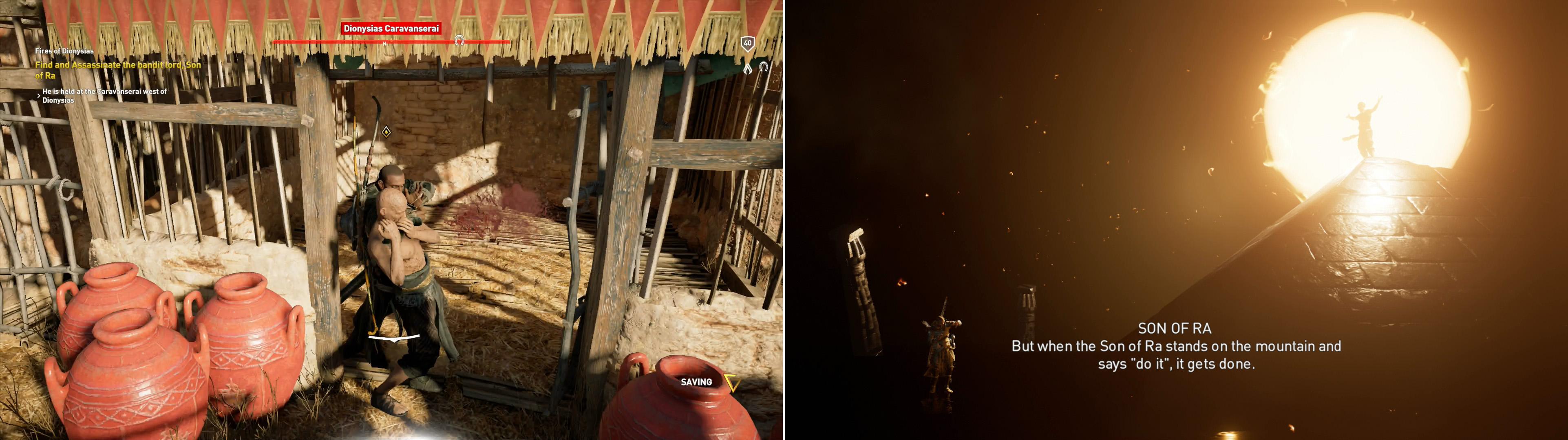Kill the Son of Ra (left) then witness a scene where Bayek's actions are compared to those of the man he just killed (right).