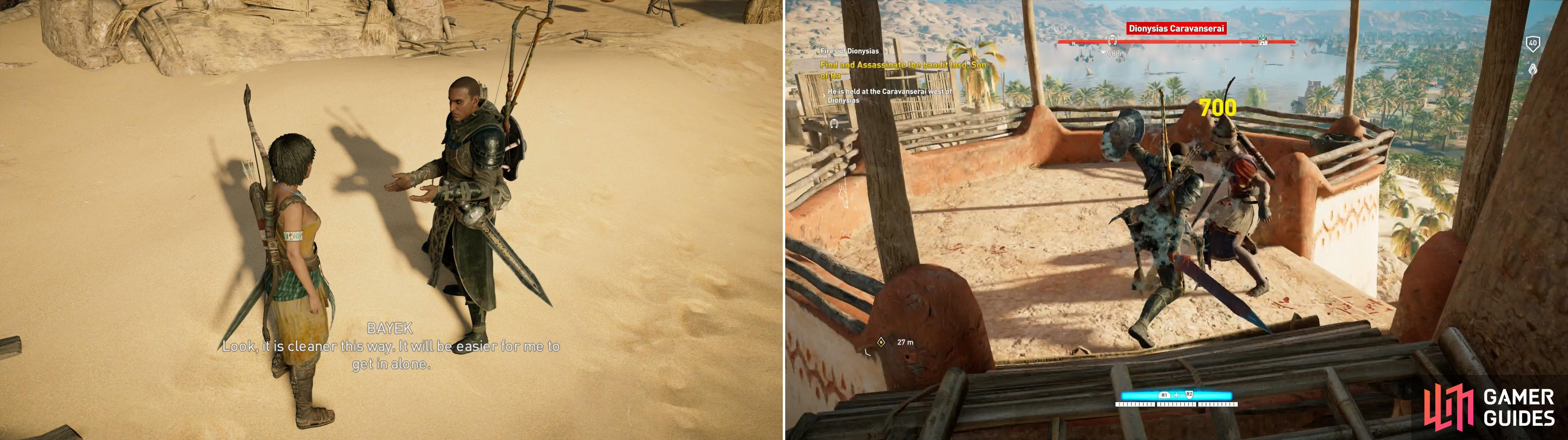 Bayek talks some sense into Zahra (left) which allows you to inflitrate the Dionysias Caravanserai on your own (right).