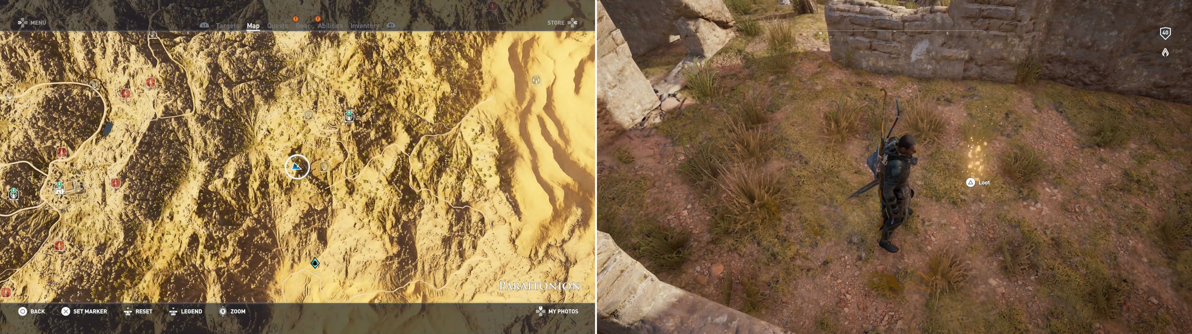 Head to the marked location on the map (left) then search the ruins to find the treasure mentioned in the Papyrus Puzzle scroll (right).