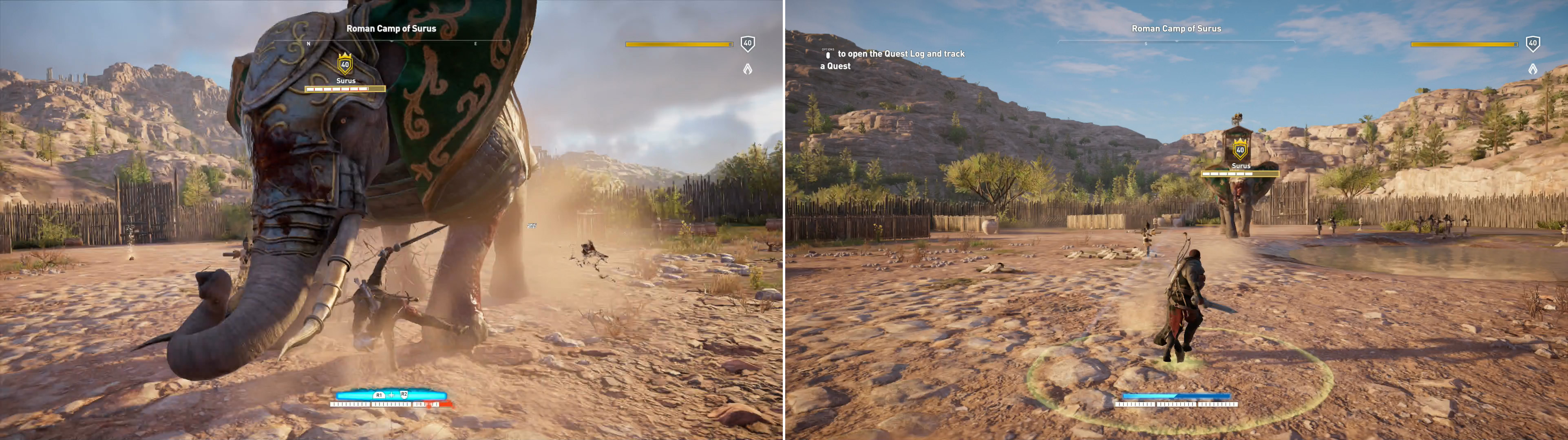 Surus is aggressive, and will prefer to attack in melee (left). This won't stop the soldiers riding in the elephant from throwing fire bombs at you, however (right).