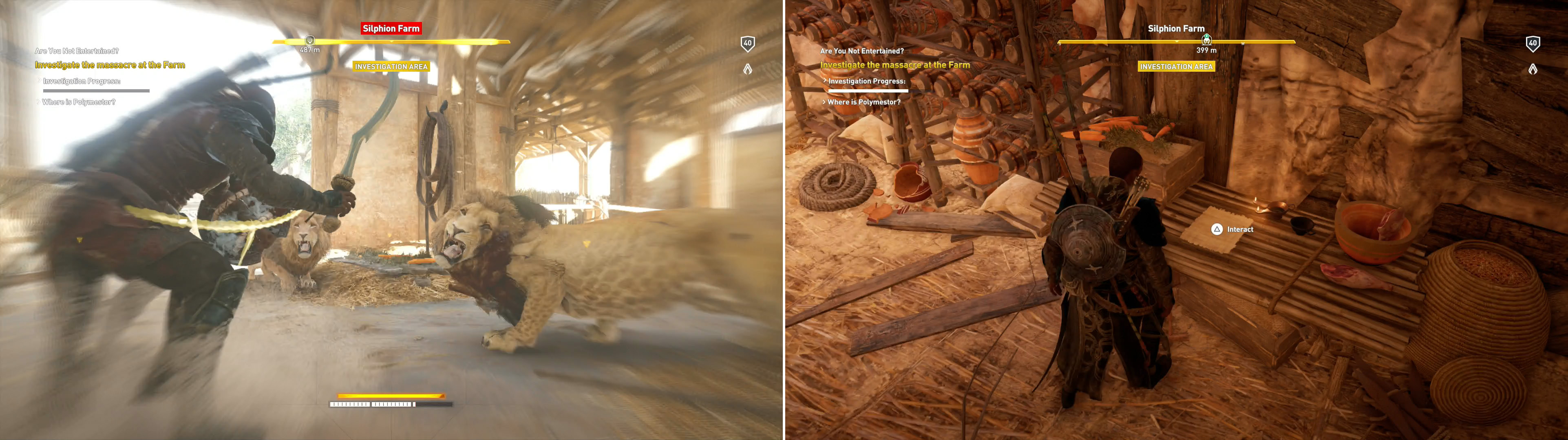 Kill the lions at the farm (left), then search for a letter in a hidden cellar (right).