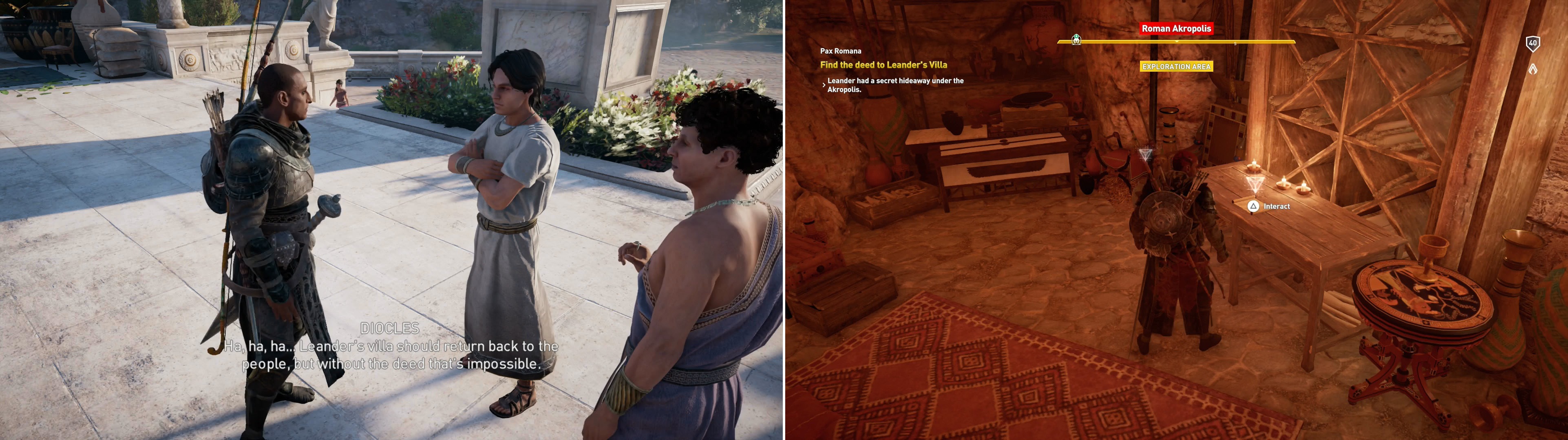 After your victory over Flavius, talk to Diocles, who has more work for Bayek (left), return to the Roman Akropolis and search the underground treasury to find the deed Diocles wants (right).