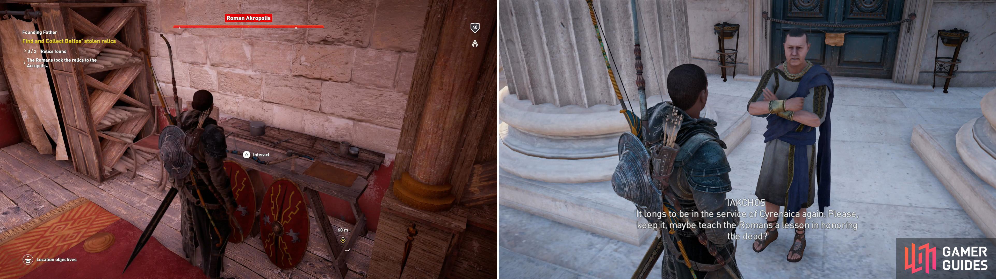 Pick up the relics (left) then return them to Iakchos (right).