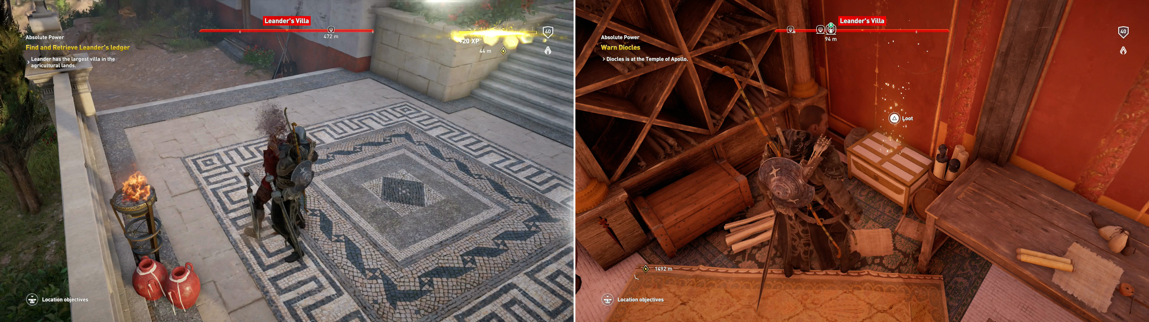 Kill the soldiers at Leander's Villa (left), then search the estate to find the intel Simonides told you about (right).